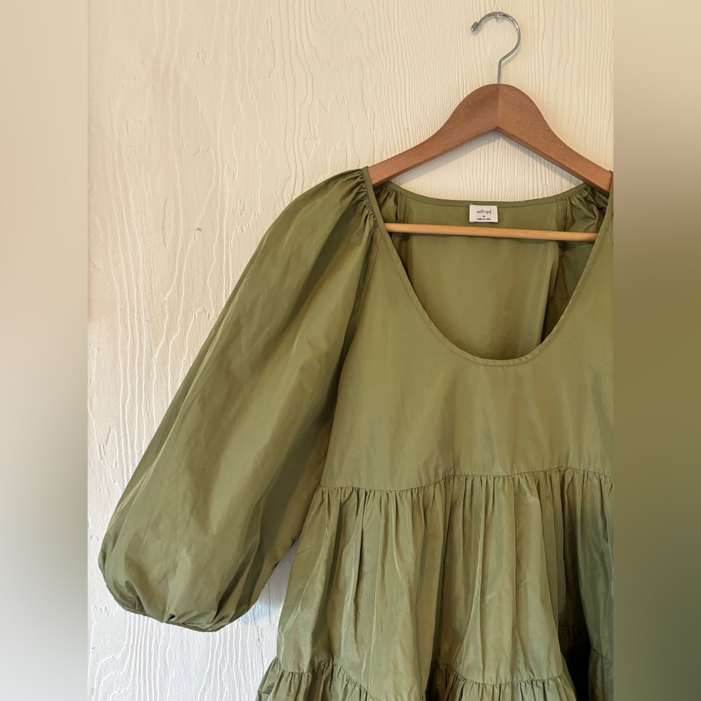 Wilfred Olive Green Oversized Fantasy Tiered Mini Puff Sleeve Ruffle Dress - Picture 6 of 12
